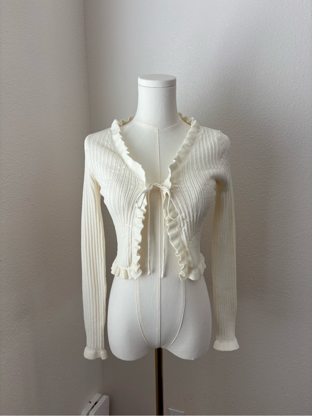 White Ruffle Tie Front Knit Cardigan Crop Sweater